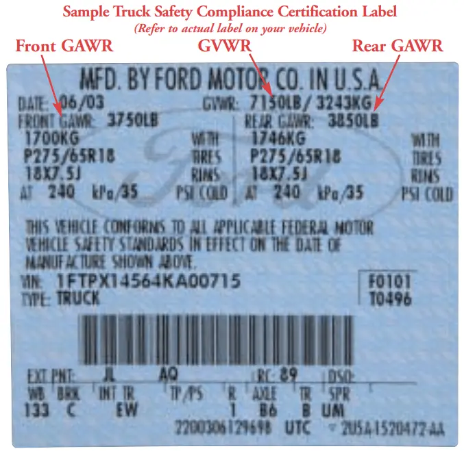 2005 Ford F150 Towing Capacity and Truck Safety Compliance Certification Label Door Jamb Label min